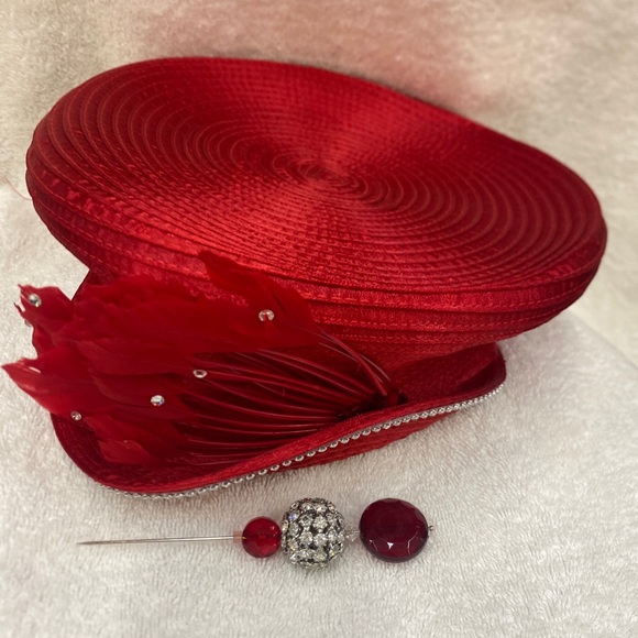 Vintage Custom Made Red Rhinestone Church/Wedding Hat W/Bib And Matching Hat Pin main image 11